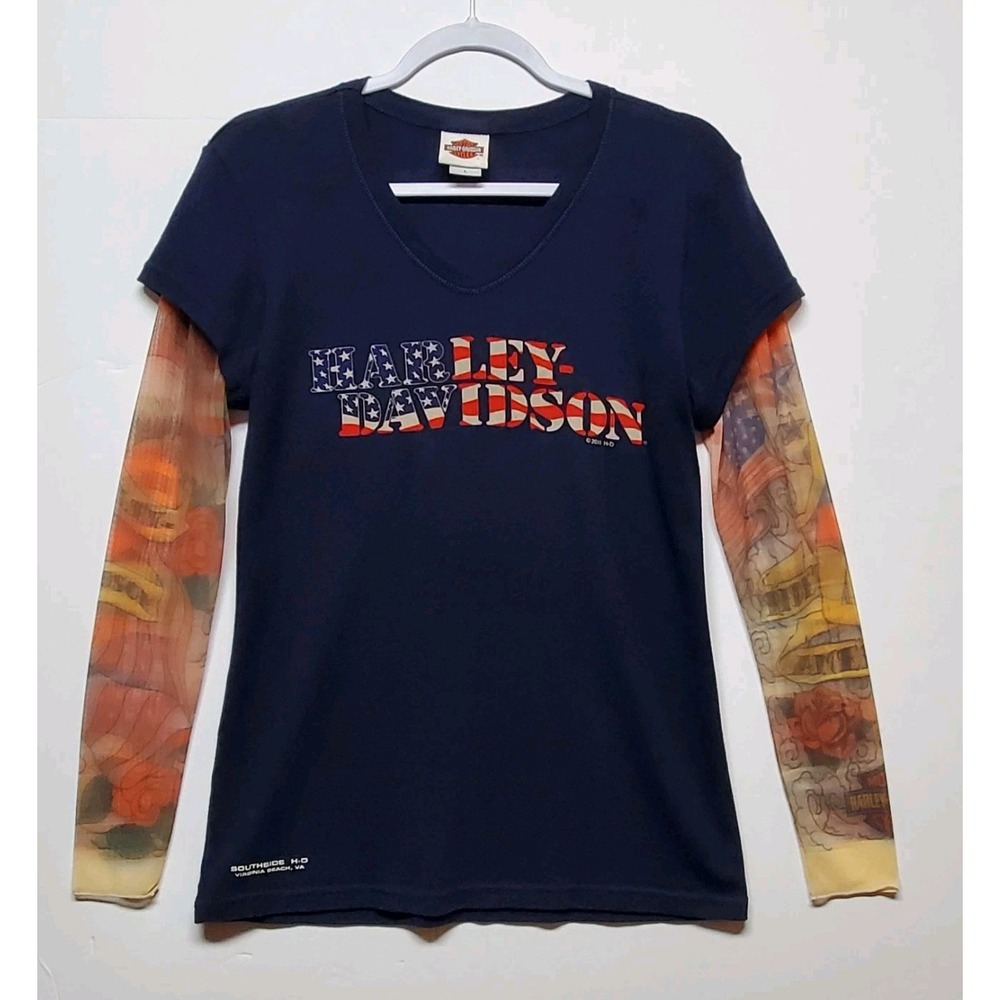 Harley Davidson Motorcycles‎ Tats AOP Sleeves Top Womens Size L USA Southside HD